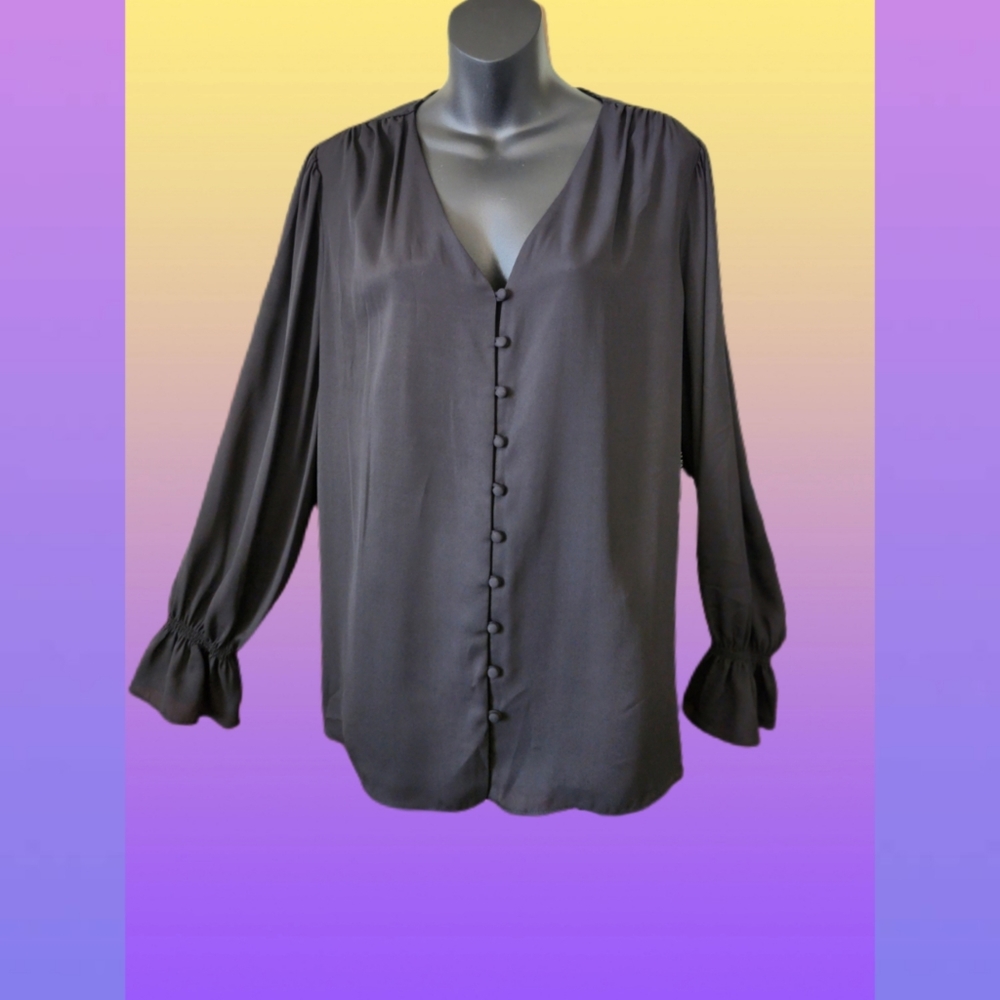 ALFANI V-NECK DEEP BLACK SHEER DESIGNER BLOUSE SIZE XL NWT - Picture 2 of 6